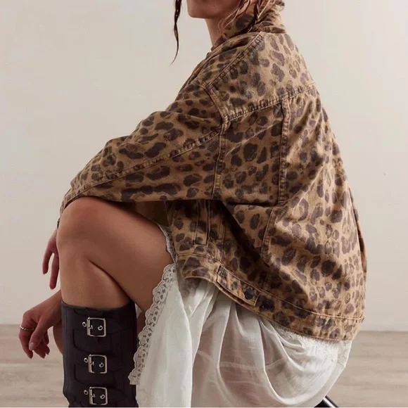 Free People Leopard Print Jean Jacket in Brown and Black - Picture 10 of 13
